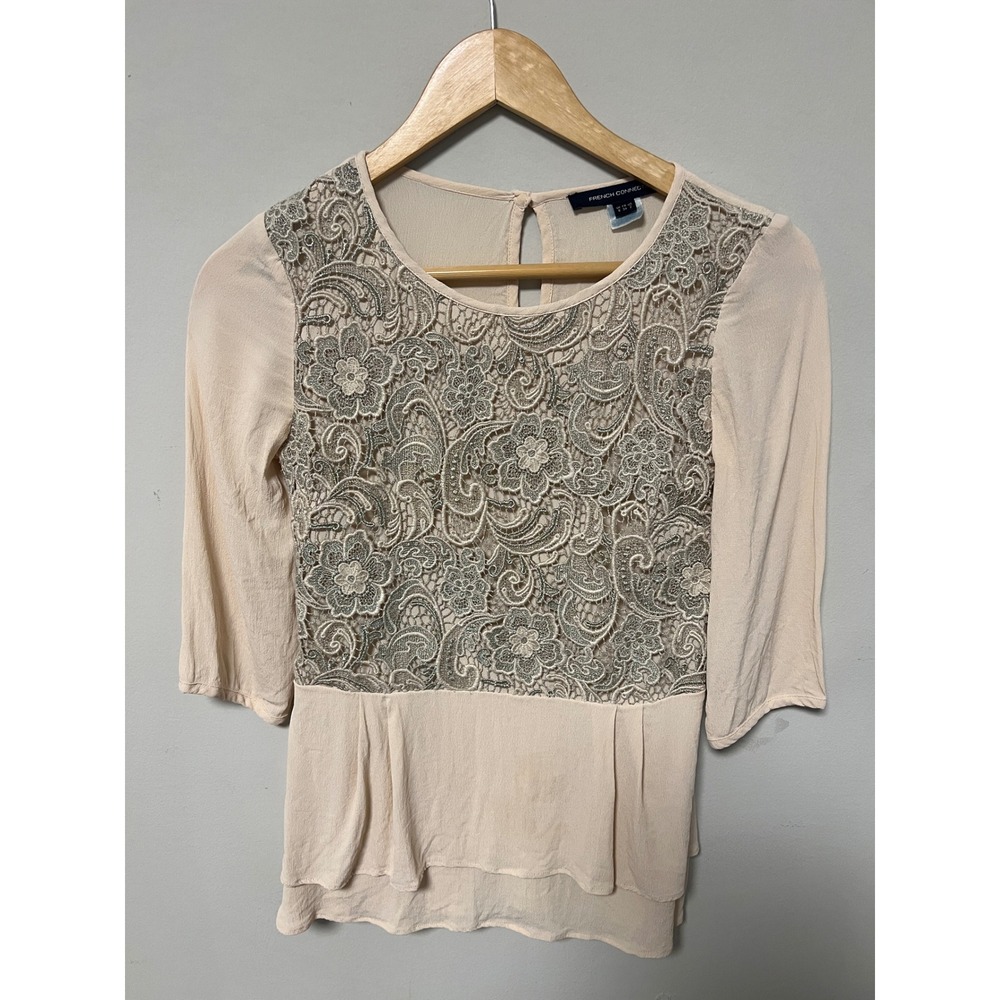 French Connection Lace Peplum Top Womens 2 Peach Pre-owned Floral 3/4 Sleeve